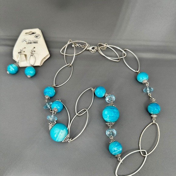 Paulus Jewelry - Southwest Paulus Silver Tone Turquoise Marbled Bead Necklace Earring Set 30 Inch